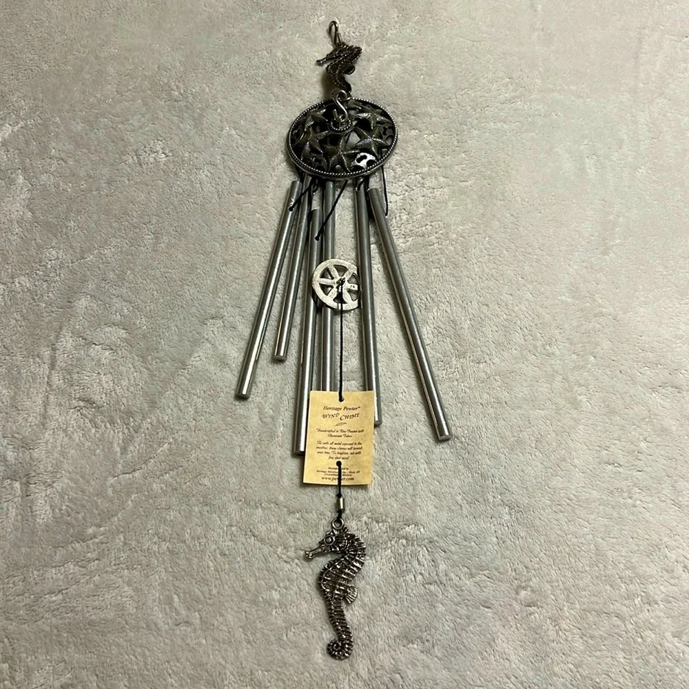 HERITAGE PEWTER. WIND CHIME with SEAHORSE. Handcrafted. 6 Silver Rods. Total 21”